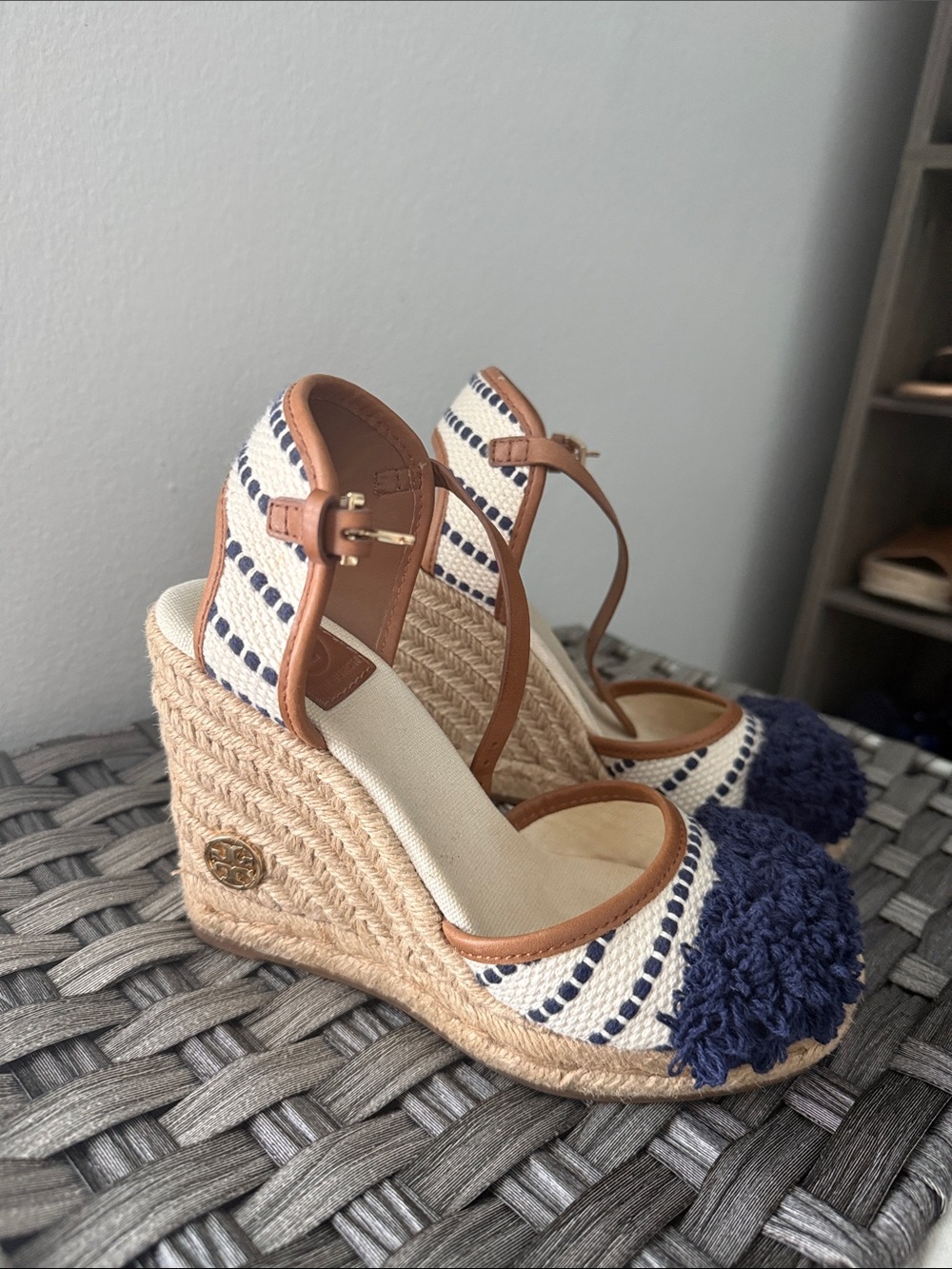 Tory Burch Navy, Cream and Tan Woven Espadrille Wedge Sandals